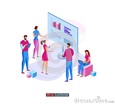 Office workers planing business mechanism, analyze business strategy and exchange ideas. Template for your design works. Vector Illustration